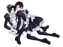2boys artist_request crossdressing maid male_focus multiple_boys naruto_(series) naruto_shippuuden sai thighhighs uchiha_sasuke yaoi