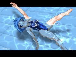 1girl air_bubble backstroke barefoot blowing_bubbles blue_eyes blue_hair blue_one-piece_swimsuit breasts bubble competition_swimsuit covered_navel female_focus foxeye foxeye_fox medium_breasts one-piece_swimsuit partially_submerged pool short_hair swimming swimsuit water