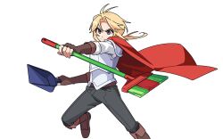 1boy armor bad_source black_pants blonde_hair boots brown_eyes brown_gloves cape fingerless_gloves gloves holding long_hair looking_at_viewer low_ponytail official_art pak_chan-yeong pants ponytail red_cape simple_background smile solo white_background zombie_high_school
