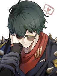 Rule 34 | 2boys, bandana, bandana around neck, black gloves, black jacket, black shirt, closed mouth, commentary request, gloves, green eyes, green hair, hair between eyes, hand on another&#039;s arm, hand on another&#039;s face, heart, highres, jacket, lighter (zenless zone zero), long sleeves, male focus, multiple boys, nmmm mm, out of frame, outstretched arm, parted bangs, red bandana, shirt, simple background, smile, solo focus, speech bubble, spiked jacket, spikes, spoken heart, sunglasses, upper body, white background, wise (zenless zone zero), yaoi, zenless zone zero