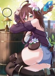 1girl absurdres aqua_eyes arrow_(projectile) ass barrel black_boots black_nails blue_shorts boots breasts brown_hair eyelashes flower hair_between_eyes hair_flower hair_ornament highres indie_virtual_youtuber kuwahara_taiki lantern long_hair multicolored_hair pink_flower pink_hair plant pouch purple_sweater quiver short_shorts shorts single_thighhigh sleeves_past_wrists streaked_hair sugi_aoki sweater tail thigh_pouch thigh_strap thighhighs virtual_youtuber