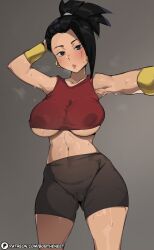 Rule 34 | 1girl, armpits, black eyes, black hair, black shorts, breasts, cleft of venus, dark-skinned female, dark skin, dr octojuice, dragon ball, dragon ball super, earrings, hair ornament, highres, jewelry, kale (dragon ball), large breasts, long hair, mature female, medium hair, pussy, shorts, solo, solo focus