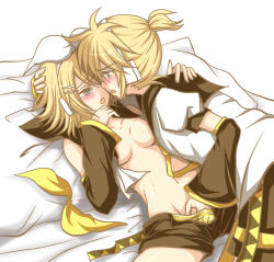 1boy 1girl aqua_eyes blonde_hair blush brother_and_sister detached_sleeves fang fingering hair_ornament hairclip headphones hetero incest kagamine_len kagamine_rin panties siblings striped_clothes striped_panties twincest twins underwear vocaloid zashiki_usagi