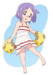 1girl blue_eyes bluearcadegames blush clenched_hand dress feet highres hiiragi_tsukasa looking_at_viewer lucky_star outside_border purple_hair red_ribbon ribbon short_hair star_(symbol) summer swim_ring swimsuit thighs transparent white_dress
