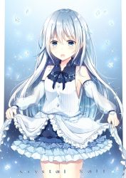 1girl blue_eyes blue_skirt blush breasts clothes_lift cowboy_shot crystal detached_sleeves female_focus frilled_skirt frills hair_between_eyes kusada_souta layered_skirt long_hair looking_at_viewer open_mouth original salt shirt silver_hair skirt skirt_lift sleeveless sleeveless_shirt small_breasts solo teeth very_long_hair