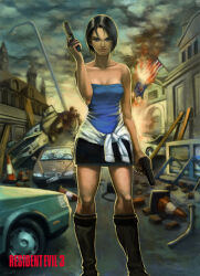 1girl black_skirt blue_tube_top brown_hair car clothes_around_waist copyright_name cuson fire gun handgun holding holding_gun holding_weapon jill_valentine miniskirt motor_vehicle resident_evil resident_evil_3:_nemesis short_hair skirt strapless sweater sweater_around_waist tube_top weapon wreckage