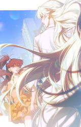 1boy 1girl back bag blue_sky brown_hair facial_mark formal_clothes frilled_skirt frills gootai grabbing_another&#039;s_arm highres holding holding_bag inuyasha long_hair orange_eyes parted_lips rin_(inuyasha) sesshoumaru side_ponytail skirt sky socks suit teeth very_long_hair white_hair white_socks white_suit yellow_skirt