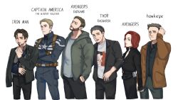 1girl 5boys animification arm_sling avengers:_endgame avengers_(series) beard belt black_belt black_bodysuit black_gloves black_hair black_jacket black_necktie black_pants black_shirt black_widow blonde_hair blue_bodysuit blue_eyes bodysuit brown_belt brown_eyes brown_gloves brown_hair brown_jacket bruce_banner burger buttons captain_america captain_america:_the_winter_soldier captain_america_(series) clint_barton closed_mouth collared_shirt commentary_request copyright_name cowboy_shot crossed_arms eating english_text facial_hair fingerless_gloves food formal_clothes from_side g_wee2 gloves green_eyes green_hoodie green_pants grey_hair grey_shirt hand_in_pocket hand_on_own_head hand_up hawkeye_(disney+) heterochromia highres holding holding_burger holding_food hood hoodie iron_man_(2008) iron_man_(series) jacket lapels looking_afar looking_at_viewer looking_up marvel marvel_cinematic_universe multiple_boys natasha_romanoff necktie open_clothes open_hoodie open_jacket open_mouth pants pocket polka_dot_necktie red_hair scar scar_across_eye scar_on_face shirt short_hair simple_background standing star_(symbol) steve_rogers striped_clothes striped_jacket suit suit_jacket superhero_costume sweatdrop t-shirt the_avengers_(2012) thor:_ragnarok thor_(marvel) tony_stark vertical-striped_clothes vertical-striped_jacket white_background white_shirt zipper