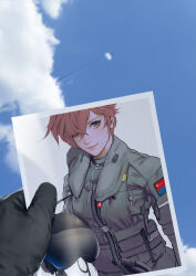 1girl aircraft airplane blue_sky cloud fighter_jet flight_suit g-suit helmet holding holding_photo looking_at_object looking_at_viewer military_vehicle original people&#039;s_liberation_army people&#039;s_liberation_army_air_force photo_(object) pilot_helmet pilot_suit pov pov_hands red_hair shuten_(project_sky) sky sonic_boom_(speed)