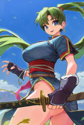 Rule 34 | 1girl, absurdres, ass, black gloves, blue dress, blue eyes, blue sky, breasts, china dress, chinese clothes, cloud, commentary, dress, earrings, english commentary, fingerless gloves, fire emblem, fire emblem: the blazing blade, gloves, green hair, highres, holding, holding sword, holding weapon, huge ass, jewelry, large breasts, letro, long hair, looking at viewer, lyn (fire emblem), nintendo, no panties, outdoors, pelvic curtain, ponytail, sash, short sleeves, sky, smile, solo, sword, teeth, upper teeth only, very long hair, weapon