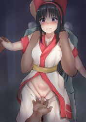 1girl 2boys absurdres ainu_clothes biting_own_lip black_hair blush breasts censored clothes_pull dark-skinned_male dark_skin fingering fingerless_gloves gloves grabbing_another&#039;s_arm hair_ribbon highres legs long_hair looking_at_viewer medium_breasts molestation multiple_boys nakoruru panties pants pants_pull panty_pull pov purple_eyes pussy ribbon samurai_spirits snk sweat tears tekkamakina the_king_of_fighters thick_thighs thighs underwear wide_hips