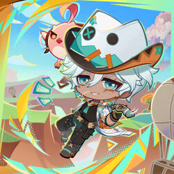 1boy absurdres aqua_eyes belt black_belt black_gloves black_pants black_shirt blue_sky boots commentary dark-skinned_male dark_skin day dot_nose english_commentary full_body genshin_impact gloves grey_hair gun hair_between_eyes hat highres holding holding_gun holding_weapon holster ifa_(genshin_impact) looking_at_viewer male_focus motion_lines mouth_hold multicolored_hat neck_tattoo official_art outdoors pants scar scar_across_eye scar_on_face shirt short_hair sky tattoo two-tone_gloves weapon