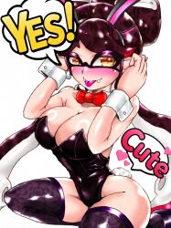 +_+ 1girl bare_shoulders blush breasts callie_(splatoon) cleavage english_text heart highres large_breasts leotard mazuo917 nintendo playboy_bunny pointy_ears sitting sleeveless splatoon_(series) tentacle_hair thighhighs twintails white_background yellow_eyes