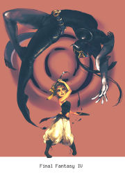 1boy 1girl armor art_brush assassin backflip baggy_pants belt bending_backward black_bodysuit black_gloves bodysuit boots calligraphy_brush child copyright_name english_text father_and_daughter final_fantasy final_fantasy_vi full_body gloves gyofu hat highres horns looking_up mask navel ninja open_mouth paintbrush painting_(action) pants pauldrons relm_arrowny shadow_(ff6) short_hair shoulder_armor skin_tight smile standing