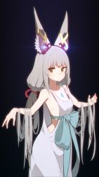 1girl absurdres alternate_costume animal_ear_fluff animal_ears bare_shoulders black_background bow breasts chest_jewel collarbone cosplay cowboy_shot dress expressionless facial_mark female_focus gem glowing green_bow green_ribbon grey_hair hair_bow highres loli long_hair looking_at_viewer loose_clothes low_twintails neonveov nia_(blade)_(xenoblade) nia_(xenoblade) nier nier_(series) nintendo niyah outstretched_arms red_bow ribbon sidelocks sleeveless sleeveless_dress small_breasts solo spoilers twintails very_long_hair white_dress xenoblade_chronicles_(series) xenoblade_chronicles_2 yellow_eyes yonah yonah_(cosplay)