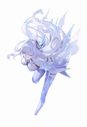 Rule 34 | 1girl, breasts, closed eyes, closed mouth, genshin impact, gloves, gradient sleeves, hair ornament, haru same322, highres, long hair, multicolored hair, purple gloves, purple hands, purple thighhighs, simple background, skirk (genshin impact), solo, streaked hair, thighhighs, white background