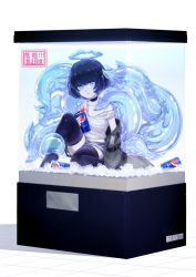 1girl black_hair black_thighhighs blue_eyes blue_shorts colored_skin grey_skin halo highres ice knee_up medium_hair original pepsi shorts sitting solo tank_top tentacles thighhighs user_reyu3237 white_tank_top