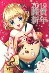 Rule 34 | 1girl, 2019, 8931ponzu, :d, animal, blonde hair, blue eyes, boar, chinese zodiac, eyes visible through hair, female focus, floral print, flower, fur collar, hair flower, hair ornament, holding, holding umbrella, japanese clothes, kimono, long sleeves, looking at viewer, nengajou, new year, obi, oil-paper umbrella, open mouth, original, over shoulder, pink flower, pink kimono, red flower, red umbrella, sash, short hair, smile, solo, umbrella, wide sleeves, year of the pig