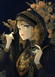 1girl black_cape black_dress bouquet cape dress earrings flower gold grey_eyes hashtag-only_commentary highres jewelry lipstick makeup original red_lips smile solo yatori850