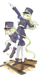 Rule 34 | 2girls, absurdres, armband, belt, black shoes, blue archive, blue armband, blue skirt, boots, carrying, commentary, fang, gloves, green hair, hat, highres, hikari (blue archive), kosubi (tsuneta328), long hair, long sleeves, looking at viewer, multiple girls, nozomi (blue archive), open mouth, pantyhose, peaked cap, piggyback, pointing, pointy ears, railroad tracks, shoes, shorts, siblings, simple background, skin fang, skirt, train conductor, twins, twintails, white background, white gloves, white pantyhose, yellow eyes