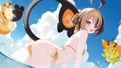 1girl absurdres ahoge alternate_costume alternate_hairstyle ass bikini black_hair blue_sky blush brown_hair bun_with_braided_base cloud cloudy_sky commentary english_commentary from_side gigi_murin grem_(gigi_murin) hair_bun halterneck highres hololive hololive_english hoshi_usagi huge_ahoge looking_at_viewer multicolored_hair ocean open_mouth outdoors pink_eyes popo_(gigi_murin) side-tie_bikini_bottom single_hair_bun sky smile string_bikini swimsuit tail two-tone_hair virtual_youtuber wading water wet yellow_bikini