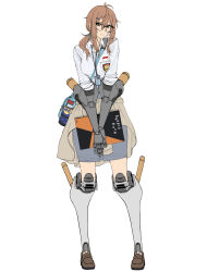 1girl ahoge android bag breasts brown_eyes brown_hair brown_shoes full_body glasses grey_skirt hair_between_eyes hair_ornament hairclip highres indonesian_high_school_uniform kitsune_udon_(qtsuneudon) large_breasts long_hair mechanical_arms mechanical_legs name_tag original ponytail school_bag school_uniform shirt shoes sketchbook skirt sleeves_rolled_up sofia_(kitsuneudon) wd-40 white_shirt