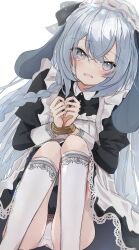 1girl absurdres apron black_dress blush bound bound_wrists braid character_request copyright_request crossed_bangs dress hair_between_eyes highres inaba_reito kneehighs long_hair maid maid_apron open_mouth panties sidelocks single_braid socks solo underwear white_apron white_panties white_socks