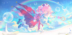 1girl absurdres aqua_bow aqua_bowtie aqua_eyes bird black_shoes bow bowtie capelet cloud cloudy_sky dress drill_hair flying hat highres honkai:_star_rail honkai_(series) hyacine_(honkai:_star_rail) koujuan little_ica_(honkai:_star_rail) loafers long_sleeves looking_at_viewer medium_hair open_mouth pantyhose pigeon pink_capelet pink_dress pink_hair pink_hat rainbow shoes sky smile solo twin_drills twintails white_pantyhose