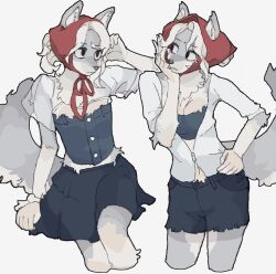 1girl absurdres animal_ears black_shorts black_skirt blue_corset commentary corset english_commentary furry furry_female hand_on_own_hip headhonchkrow highres multiple_views original red_hood see-through_clothes see-through_sleeves shirt shorts skirt tail white_fur white_shirt wolf_ears wolf_girl wolf_tail