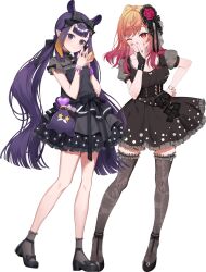 2girls absurdres ahoge alternate_costume alternate_hairstyle artist_request belt black_belt black_dress black_gloves black_shoes black_socks black_thighhighs blue_eyes blunt_bangs blunt_ends bow breasts bridal_gauntlets center-flap_bangs cleavage closed_mouth dress dress_bow earrings flower frilled_dress frilled_thighhighs frills full_body gloves gradient_hair hair_bow hair_flower hair_ornament hairclip hand_on_own_hip hand_up hands_up highres hololive hololive_dev_is hololive_english ichijou_ririka jewelry lace lace_thighhighs layered_dress long_hair looking_at_viewer low_twintails mole mole_under_eye multicolored_hair multiple_belts multiple_girls nail_polish ninomae_ina&#039;nis official_art one_eye_closed orange_eyes orange_hair orange_nails pink_hair pointy_ears purple_hair second-party_source see-through_clothes see-through_sleeves shoes short_sleeves sidelocks simple_background single_glove smile socks steepled_fingers swept_bangs takodachi_(ninomae_ina&#039;nis) tentacle_hair thighhighs transparent_background twintails very_long_hair virtual_youtuber waist_bow watch wristwatch