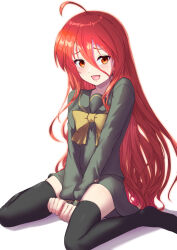 1girl ahoge black_thighhighs commentary_request embarrassed full_body green_sailor_collar green_serafuku green_shirt green_skirt hair_between_eyes highres long_hair looking_at_viewer misaki_high_school_uniform okina_(805197) red_eyes red_hair sailor_collar school_uniform serafuku shakugan_no_shana shana shirt simple_background sitting skirt smile solo thighhighs v_arms very_long_hair wariza white_background