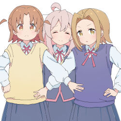 Rule 34 | 3girls, ahoge, black jacket, black skirt, blue vest, brown eyes, brown hair, commentary, facing viewer, frown, hair intakes, hand on own hip, highres, jacket, light brown hair, long hair, long sleeves, looking at viewer, multiple girls, neck ribbon, onii-chan wa oshimai!, oyama mahiro, parted bangs, pink hair, red ribbon, ribbon, shiina minori, shirt, short hair, simple background, skirt, smile, split mouth, standing, takada satsuki, tetesudeesu, two side up, vest, white background, white shirt, wing collar, yellow vest
