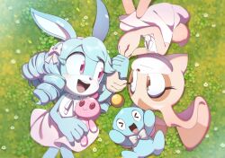 2girls absurdres animal_ears anya_the_rabbit blue_fur blue_hair brown_eyes brown_fur chao_(sonic) cream_the_rabbit day dress furry furry_female grass highres kohane01 long_hair looking_at_another multiple_girls open_mouth original outdoors pink_eyes pink_skirt rabbit_ears rabbit_girl rabbit_tail ringlets shirt skirt sleeveless sleeveless_dress sonic_(series) tail teeth upper_teeth_only white_dress white_shirt