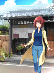 1girl blue_shirt blue_sky breasts brown_eyes brown_hair buttons closed_mouth coat collared_shirt commentary_request day denim denim_shorts feet_out_of_frame folded_ponytail gomasho_asuka hair_between_eyes happy highres large_breasts long_sleeves mature_female medium_hair misaki_kyouko_(summer_pockets) mole mole_under_mouth open_clothes open_coat outdoors road shirt shorts sidelocks sky smile solo split_mouth standing summer_pockets sunlight yellow_coat