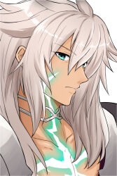 Rule 34 | 1boy, aqua eyes, commentary request, fate/apocrypha, fate (series), frown, glowing, grey hair, jewelry, male focus, neck ring, portrait, profile, shoulder pads, siegfried (fate), solo, torinonest
