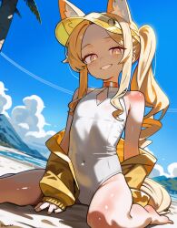 1girl absurdres animal_ear_fluff animal_ears arm_behind_back bare_legs bare_shoulders barefoot beach blonde_hair blue_archive blue_sky blush breasts cleavage cleavage_cutout clothing_cutout cloud commentary covered_navel day diamond_cutout extra_ears feet flat_chest fluff forehead fox_ears fox_girl fox_tail grin hand_on_ground hat hepari highleg highleg_one-piece_swimsuit highres jacket light_blush loli long_hair long_sidelocks long_sleeves looking_at_viewer mountain multicolored_eyes no_halo off_shoulder one-piece_swimsuit open_clothes open_jacket outdoors pink_eyes sand see-through_hat seia_(blue_archive) seia_(swimsuit)_(blue_archive) shiny_skin shore side_ponytail sidelocks sitting sky smile solo sweat swept_bangs swimsuit tail thighs toes two-tone_eyes very_long_hair visor_cap wariza water wavy_sidelocks white_one-piece_swimsuit yellow_eyes yellow_hat yellow_jacket