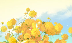 1girl artist_name blue_sky bug butterfly cloud day flower huhv. insect leaf original outdoors plant scenery sky white_butterfly yellow_flower