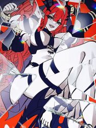 Rule 34 | 1girl, baobhan sith (fate), baobhan sith (second ascension) (fate), bracelet, breasts, broken glass, detached sleeves, fate/grand order, fate (series), glass, grey eyes, high heels, highres, jewelry, long hair, looking at viewer, navel, open mouth, pointy ears, red hair, revealing clothes, satou nui, sidelocks, smile, solo, spiked bracelet, spikes, thigh strap, veil