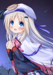 1girl bat_hair_ornament beret blonde_hair blue_eyes blush bow bowtie cape capelet cloak fang hair_ornament hat highres kud_wafter kudpoid_(71139) little_busters! little_busters!_school_uniform long_hair long_sleeves looking_at_viewer night noumi_kudryavka open_mouth pink_bow pink_bowtie plaid_clothes plaid_skirt school_uniform skirt sky smile solo star_(sky) starry_sky white_cape white_capelet white_cloak white_hat