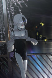 1girl absurdres against_railing black_choker black_dress black_horns blue_archive breasts cherry_blossoms choker cleavage closed_mouth collarbone commentary_request demon_horns dress ear_piercing gen_2_pokemon grey_jacket hair_between_eyes highres horns indoors jacket kayoko_(blue_archive) koutannkoburia long_hair looking_at_creature mole mole_on_collarbone night nintendo off_shoulder official_alternate_costume official_alternate_hairstyle piercing pokemon pokemon_(creature) purple_wings railing single_wing solo umbreon wings