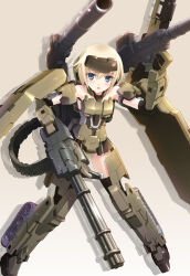 1girl bare_shoulders black_thighhighs blonde_hair blue_eyes blush cannon caterpillar_tracks elbow_gloves frame_arms_girl gatling_gun gloves gourai_(frame_arms) gun headgear holding kimizuka_aoi kotobukiya kotobukiya_bishoujo looking_at_viewer machine_gun mecha_musume open_mouth panties personification short_hair shoulder_cannon skirt solo striped_clothes striped_panties thighhighs underwear weapon