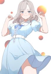1girl alternate_costume blue_dress blue_eyes blush breasts ceras_yanagida_lilienfeld closed_mouth collared_dress commentary_request dress grey_hair hair_intakes hair_ribbon highres index_fingers_raised link!_like!_love_live! long_hair looking_at_viewer love_live! medium_breasts pink_ribbon puffy_short_sleeves puffy_sleeves ribbon short_sleeves smile solo soyo1558686 virtual_youtuber white_background