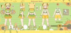 1girl absurdres animal artist_request bandaid bandaid_on_knee bandaid_on_leg bike_shorts cheerleader closed_eyes closed_mouth double_bun flower green_eyes green_jacket green_shoes green_skirt green_socks hair_bun hair_flower hair_ornament hani_hima_(v-dere) highres hood hood_down hooded_jacket jacket midriff multiple_views navel open_mouth pom_pom_(cheerleading) reference_sheet second-party_source shoes short_hair shorts skirt smile socks sunflower sunflower_hair_ornament v-dere yellow_flower yellow_shorts