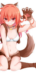 &gt;:) 1girl absurdres animal_ear_fluff animal_ears animal_hands between_legs blush boots bra breasts breasts_apart brown_boots brown_skirt brown_vest chain chain_necklace claw_pose closed_mouth commentary_request eyes_visible_through_hair fake_animal_ears fake_tail feet_out_of_frame gloves hair_between_eyes hair_down hair_intakes halloween_costume hand_between_legs highres inaba_meguru jewelry long_hair looking_at_viewer miniskirt navel necklace official_alternate_costume open_clothes open_vest orange_hair paw_gloves red_eyes sanoba_witch simple_background sitting skirt small_breasts smile smug solo split_mouth stomach suzukihiko7610 tail tail_raised underwear v-shaped_eyebrows vest wariza werewolf_costume white_background white_bra wolf_ears wolf_tail