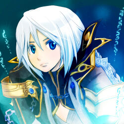 1boy black_gloves blue_background blue_eyes closed_mouth coat commentary expressionless gloves gold_trim grey_coat hair_between_eyes hand_on_own_cheek hand_on_own_face lautrec_v looking_at_viewer lowres male_focus open_clothes open_coat ragnarok_online runes shirt short_hair solo upper_body warlock_(ragnarok_online) white_hair white_shirt
