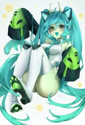 1girl absurdres alien animal_ears blush breasts cat_ears colored_skin detached_sleeves glorpi_miku_(dyarikku) green_skin hatsune_miku highres leotard open_mouth pawpads pr_ponnyan smile thighhighs twintails vocaloid