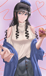 1girl absurdres amagami bare_shoulders beret black_hair black_hairband blue_coat blue_eyes blue_headwear box closed_mouth clothing_cutout coat curly_hair dress drill_hair earrings fie_nanoo gift gift_box grey_skirt hairband hat heart heart-shaped_box heart_earrings heart_necklace highres holding holding_box holding_gift jewelry long_hair looking_at_viewer morishima_haruka necklace off-shoulder_coat off_shoulder reaching reaching_towards_viewer shoulder_cutout skirt turtleneck valentine white_dress