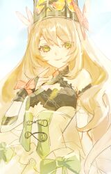 Rule 34 | 1girl, blonde hair, bow, butterfly hair ornament, celine (fire emblem), closed mouth, crown, detached sleeves, dress, dress bow, fire emblem, fire emblem engage, flower, green bow, green eyes, hair between eyes, hair flower, hair ornament, hananusubito, long hair, looking at viewer, nintendo, orange bow, smile, solo, upper body, very long hair, white background, wrist bow