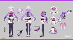 Rule 34 | 1girl, a-pose, ahoge, animal ear fluff, animal ears, back cutout, belt, black belt, cat ears, clothing cutout, copyright name, cropped jacket, crossed bangs, grey background, hair between eyes, hair ornament, hairclip, hololive, hololive gamers fes outfit, jacket, medium hair, midriff, multiple views, nekomata okayu, official alternate costume, official art, pink shoes, pink tube top, pleated skirt, purple eyes, purple hair, purple jacket, purple thighhighs, reference sheet, saine, shoes, skirt, sneakers, strapless, tag, thighhighs, tube top, turnaround, turtleneck, turtleneck jacket, virtual youtuber, white skirt