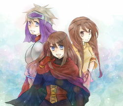 3girls armor bad_id bad_pixiv_id blue_eyes braid brown_eyes brown_hair cape cleo cleo_(suikoden) dress female_focus gensou_suikoden gensou_suikoden_i gloves hair_over_shoulder headband headdress long_hair looking_back multiple_girls odessa_silverberg open_mouth orange_hair shirt short_hair smile sugieri tengaar tengaar_(suikoden) tiara twin_braids twintails veil